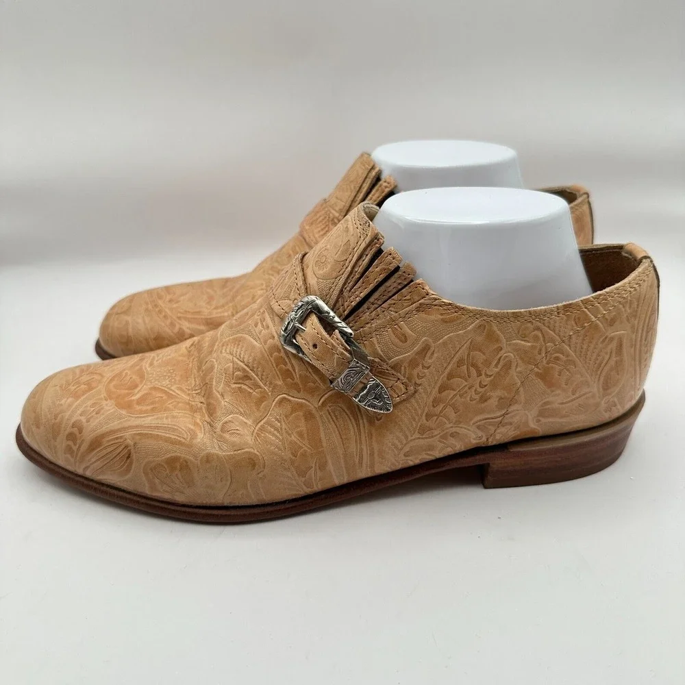 Justin Loafers Shoes Mens Size 8C‎ Narrow Tan Leather Tooled Monk Strap Western
